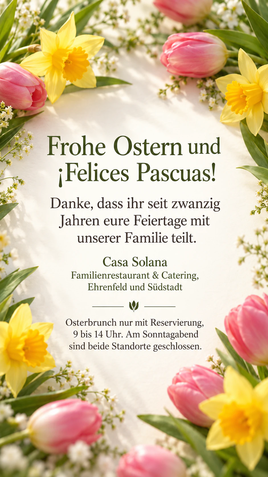 „Frohe Ostern“-Post mit Frühlingsblumen oder bemalten Eiern: Zweisprachiger Gruß mit Akzenten, ohne Motivwahl, als Story
