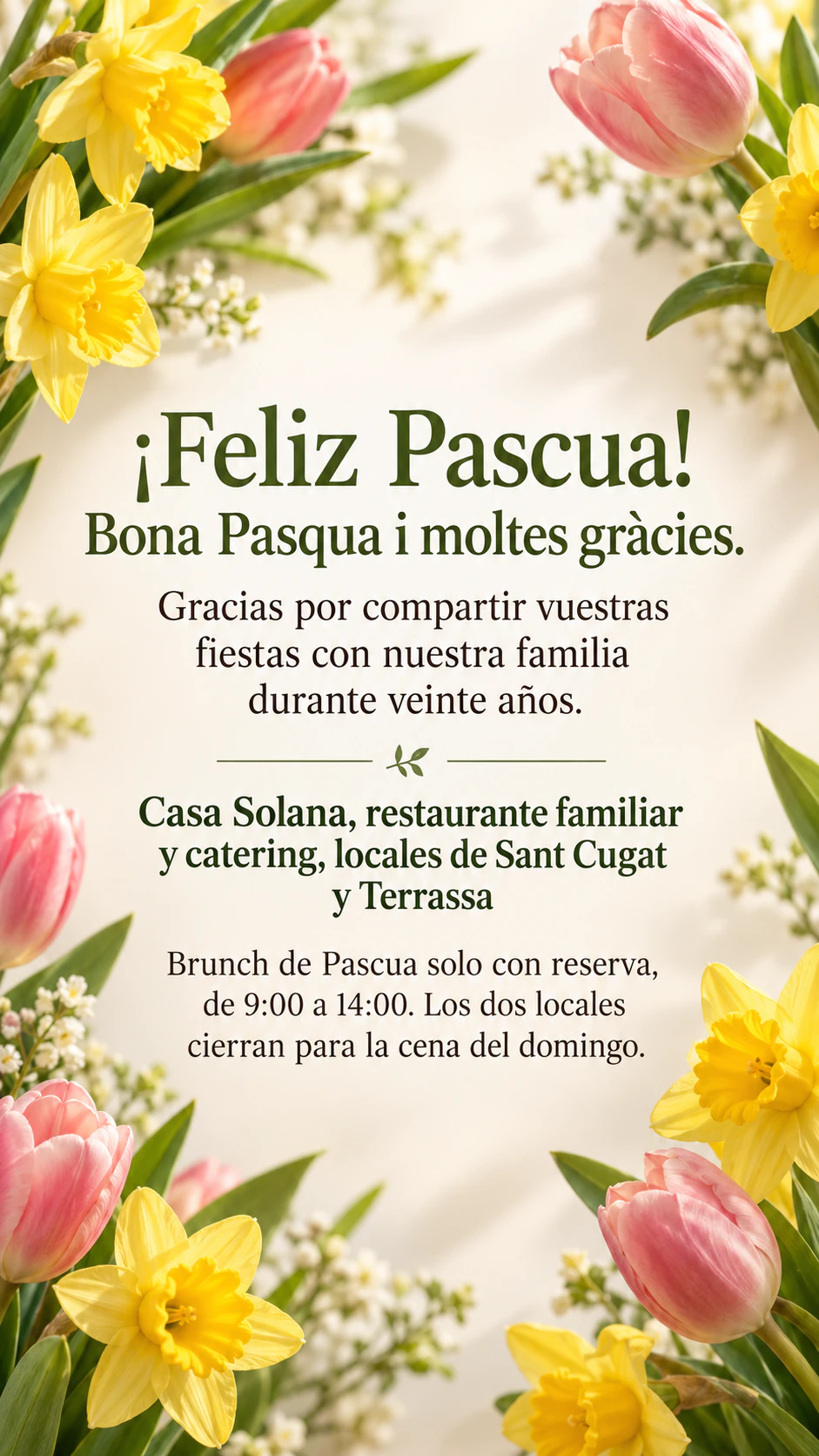 Publicación de feliz Pascua con flores de primavera o huevos pintados: Felicitación bilingüe con acentos, sin motivo elegido, en formato Story