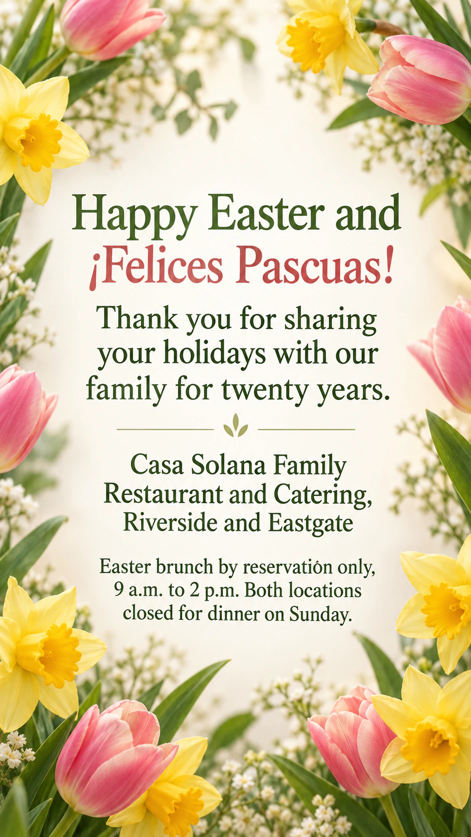 Happy Easter post with a spring flower or painted egg design: Bilingual greeting with accents, no motif chosen, as a Story