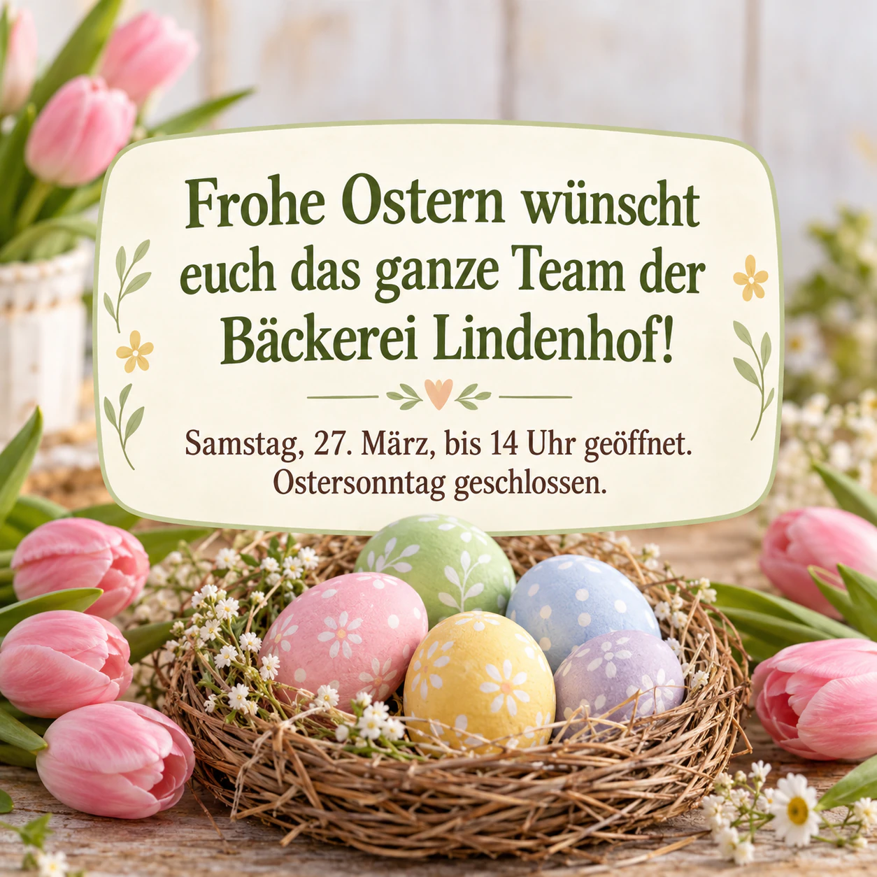 Beispiel: „Frohe Ostern“-Post mit Frühlingsblumen oder bemalten Eiern