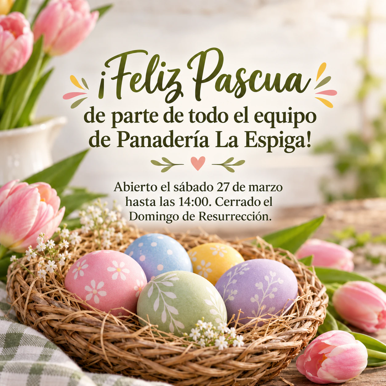 Ejemplo de Publicación de feliz Pascua con flores de primavera o huevos pintados