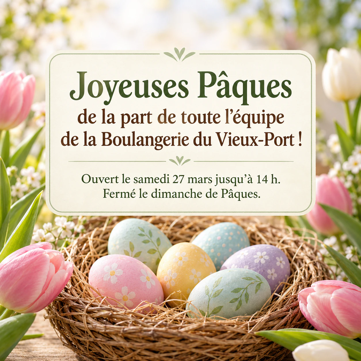 Exemple : Publication Joyeuses Pâques avec fleurs de printemps ou œufs peints