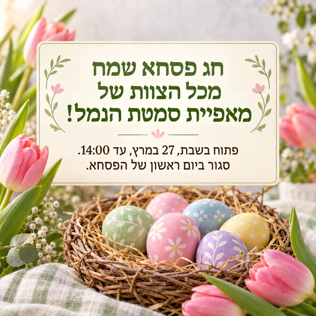 דוגמה: פוסט ברכה לפסחא בעיצוב פרחי אביב או ביצים צבועות