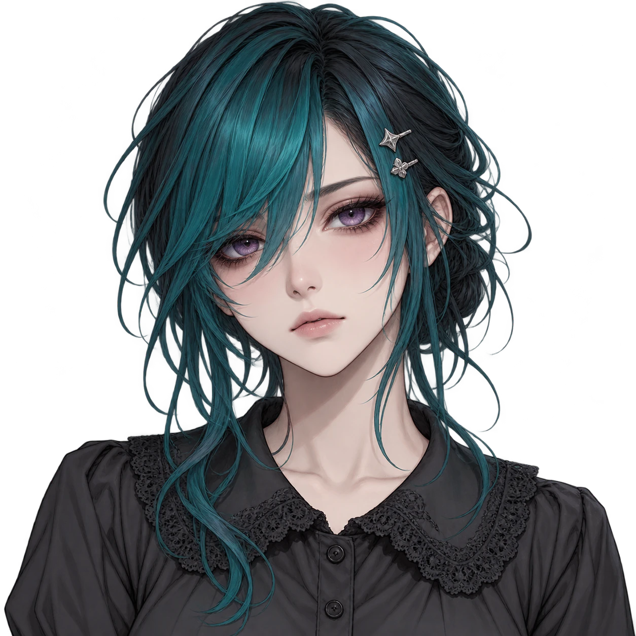 Emo anime girl profile picture: Teal fringe and silver clips