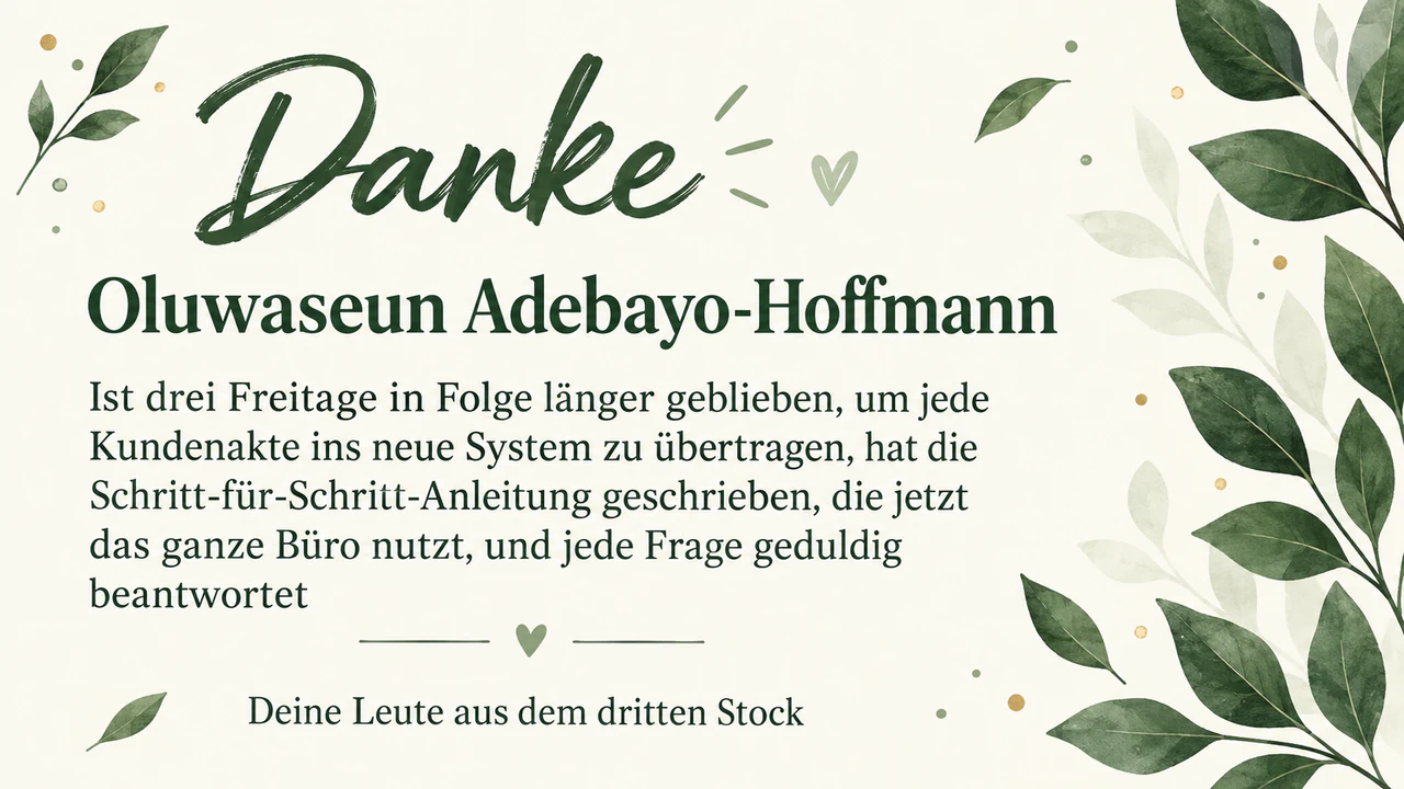 Dankeskarte für die Arbeit einer Mitarbeiterin oder eines Mitarbeiters: Langer Doppelname und ein dreiteiliger Beitrag, ohne Unternehmen und Stil
