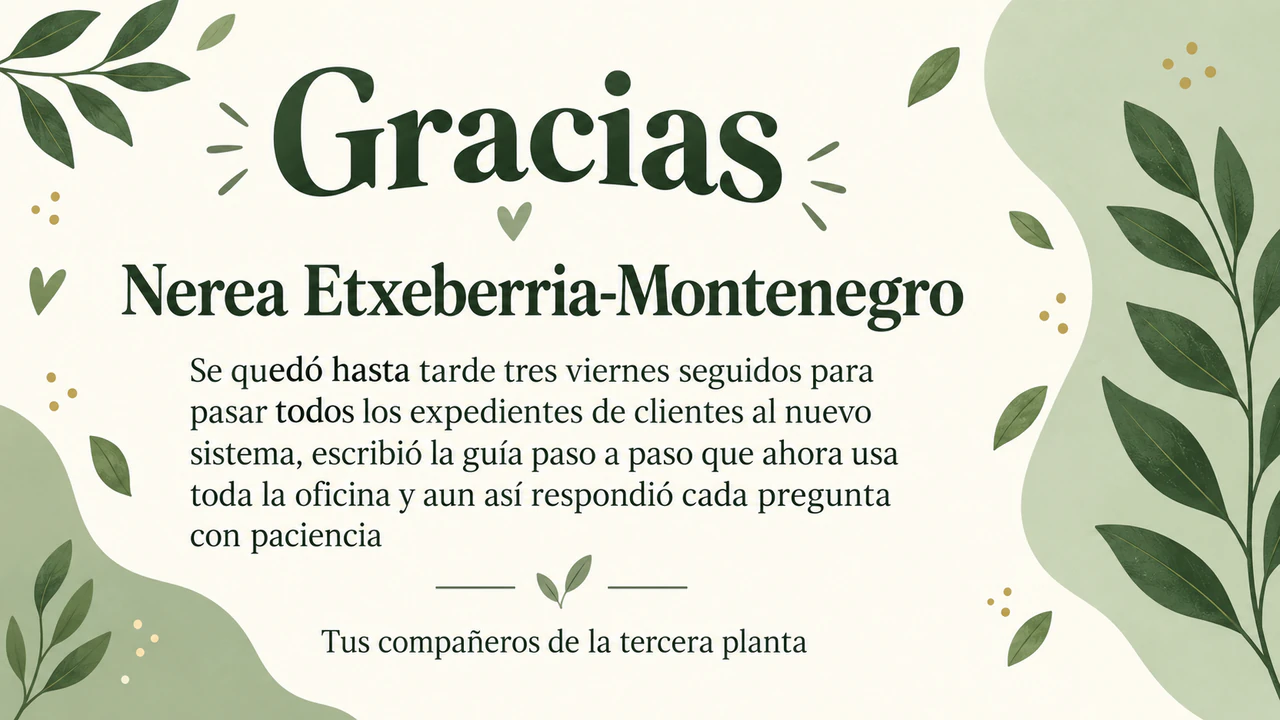 Tarjeta de agradecimiento a un empleado por su trabajo concreto: Nombre compuesto con guion y una aportación en tres partes, sin empresa ni estilo