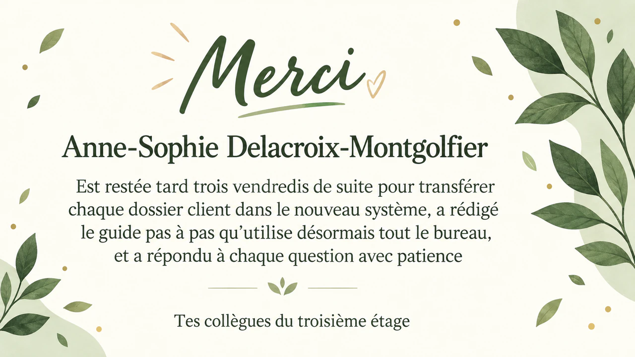 Carte de remerciement pour le travail d’un salarié : Long nom composé et contribution en trois parties, sans entreprise ni style