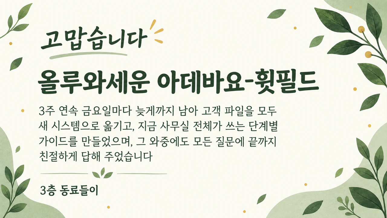 한 사람의 수고에 고마움을 전하는 직원 감사 카드: 하이픈이 들어간 긴 이름과 세 가지 기여, 회사·스타일 미입력
