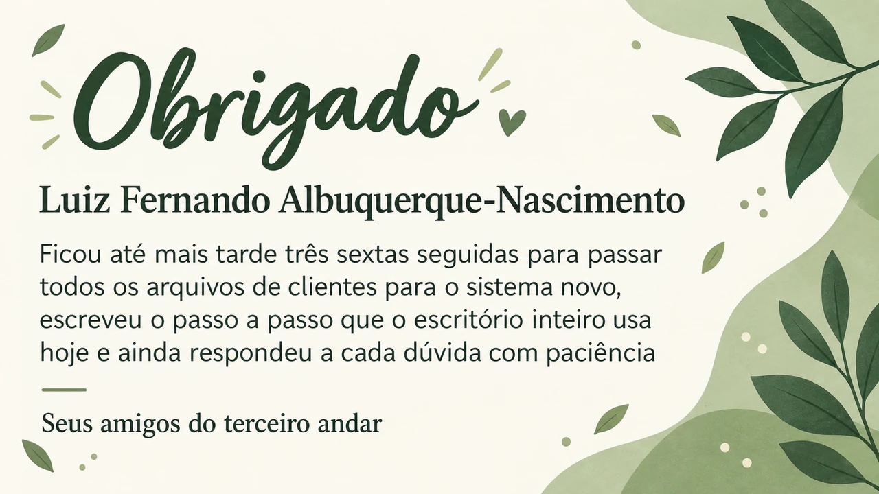 Cartão de agradecimento pelo trabalho de um funcionário: Nome longo com hífen e contribuição em três partes, sem empresa nem estilo