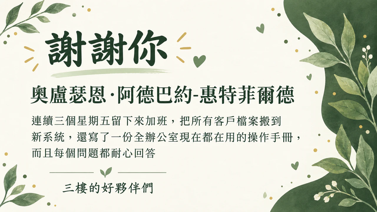 為某位同事的付出而寫的員工感謝卡：含連字號的長姓名與三段式貢獻，未填公司與風格