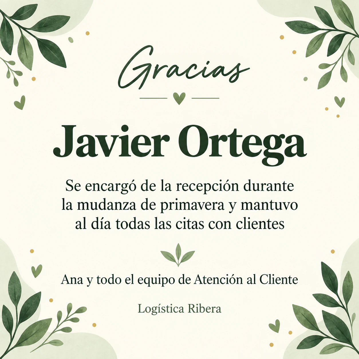 Ejemplo de Tarjeta de agradecimiento a un empleado por su trabajo concreto