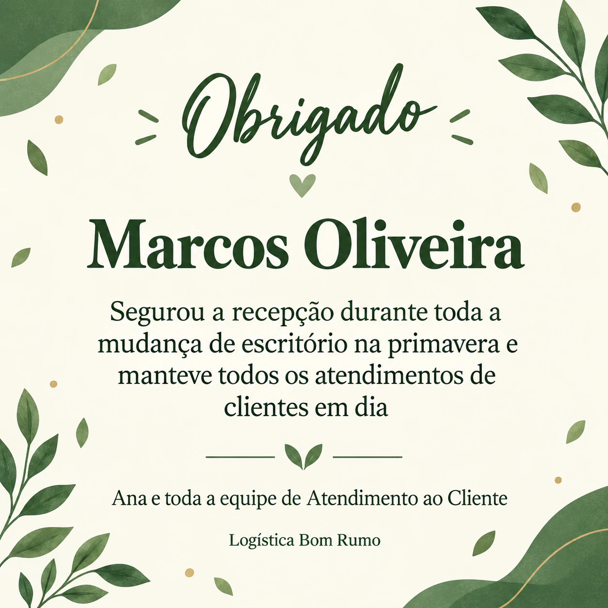 Exemplo de Cartão de agradecimento pelo trabalho de um funcionário