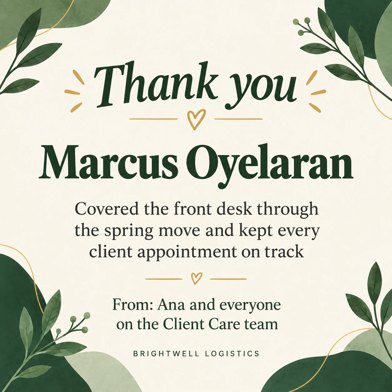 Employee appreciation card for one person's work example