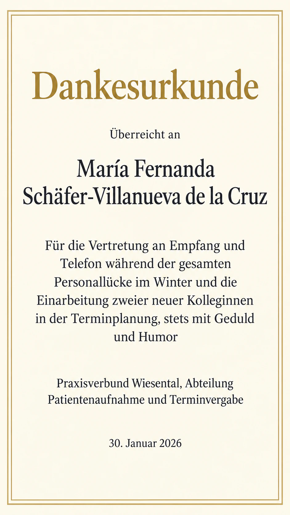 Dankesurkunde für Mitarbeiterinnen und Mitarbeiter: Langer Doppelname und eine Abteilung als Aussteller, ohne Unterzeichner