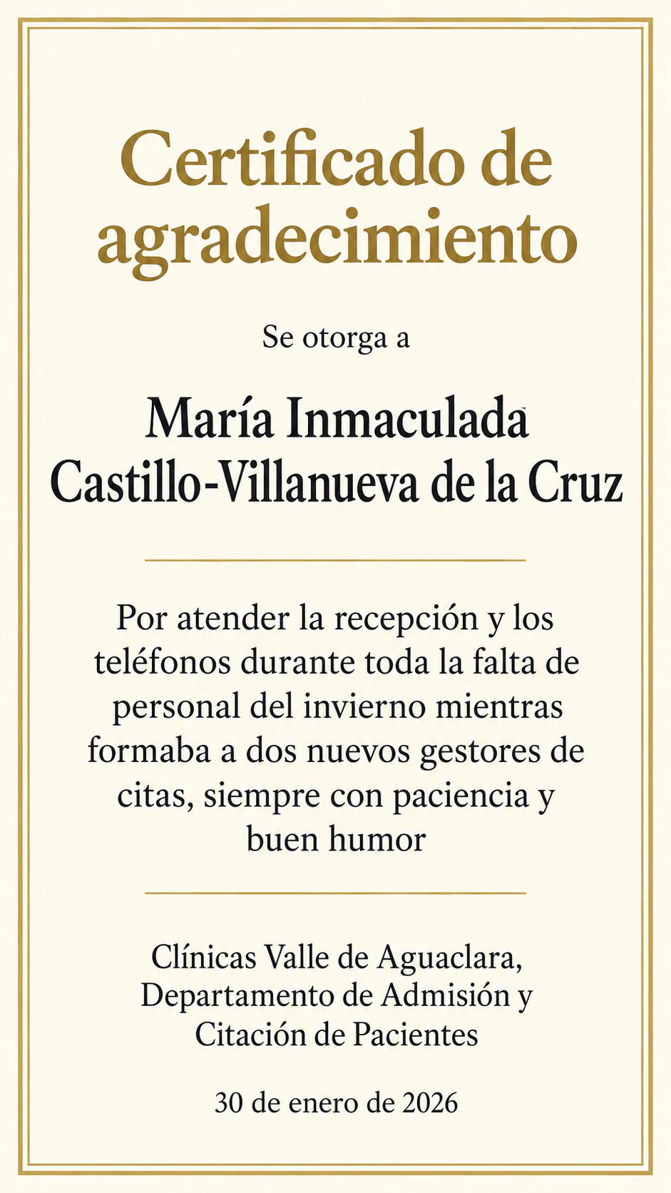 Certificado de agradecimiento para un empleado: Nombre compuesto largo y un departamento como emisor, sin firmante