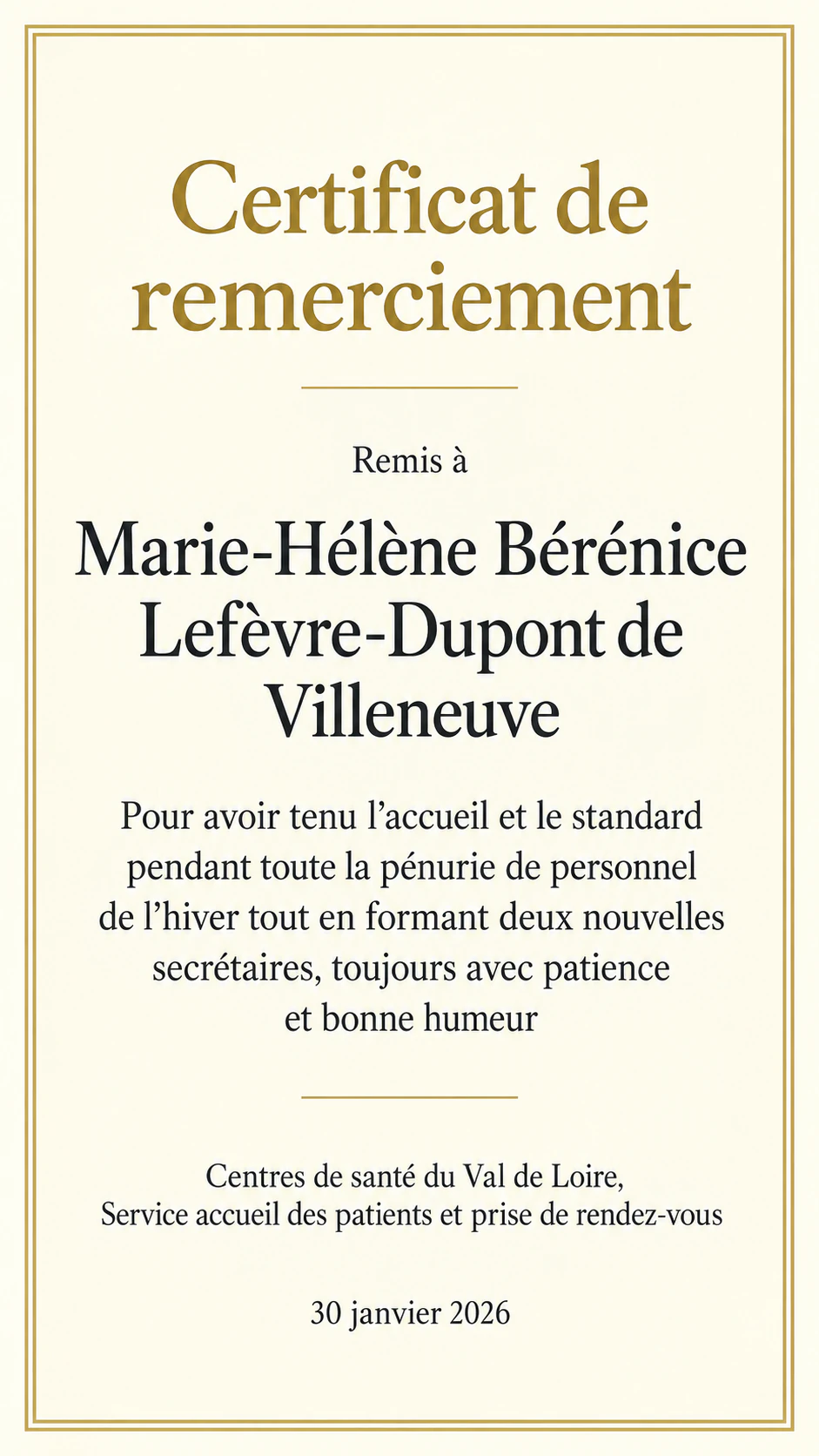 Certificat de remerciement pour un salarié : Long nom à particule et émetteur de niveau service, sans signataire
