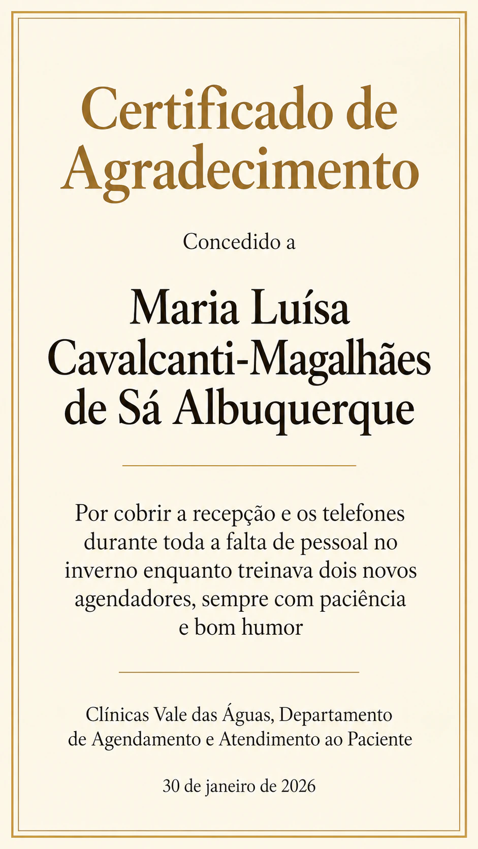 Certificado de agradecimento para um funcionário: Nome composto longo e um departamento como emissor, sem assinatura