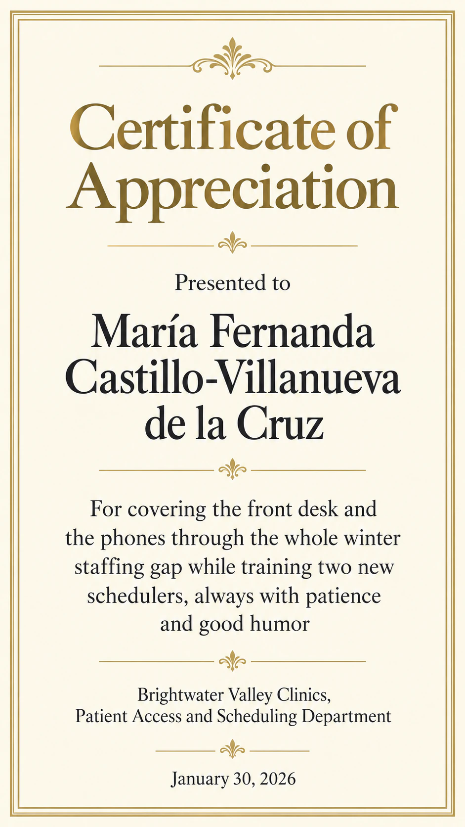 Certificate of appreciation for an employee: Long double-barrelled name and a department-level issuer, no signer