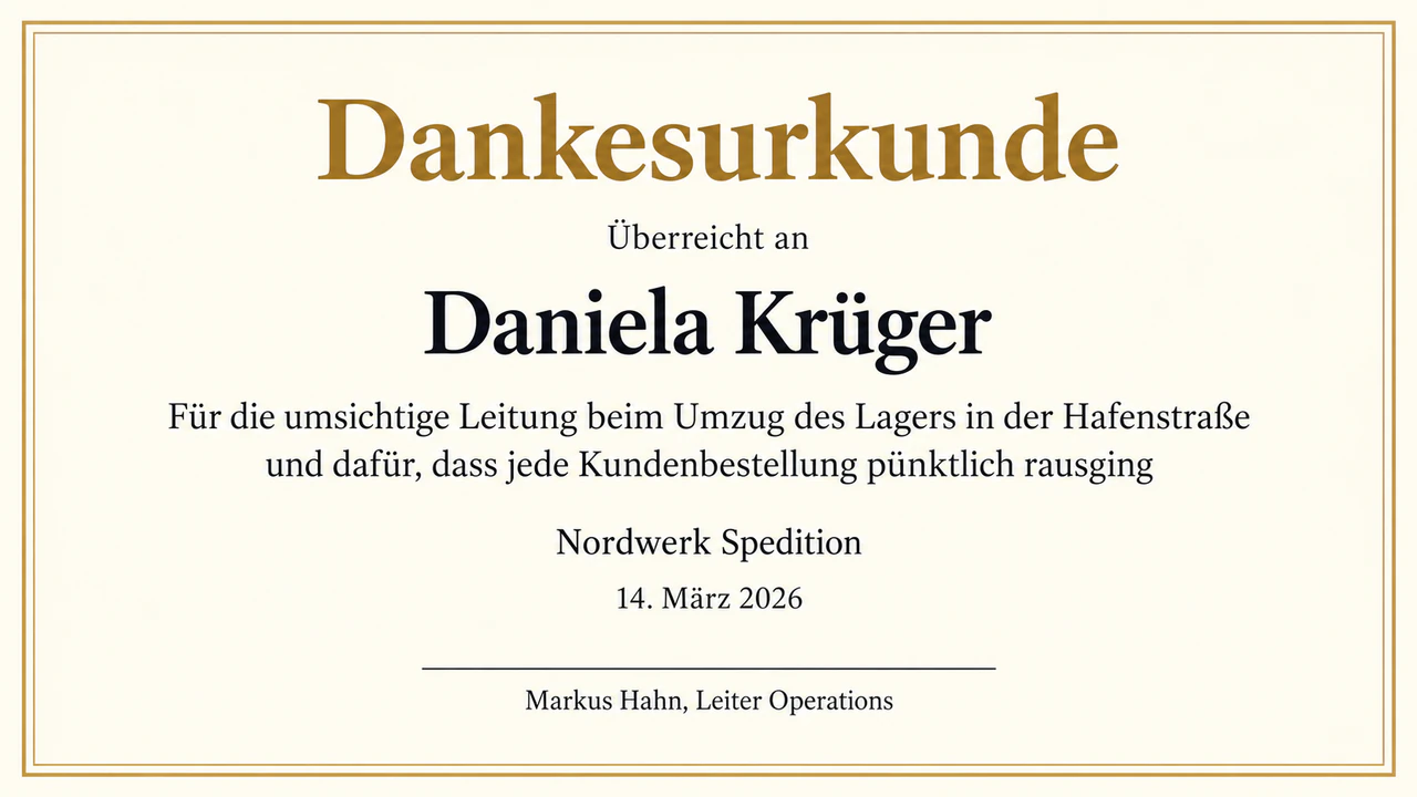 Beispiel: Dankesurkunde für Mitarbeiterinnen und Mitarbeiter