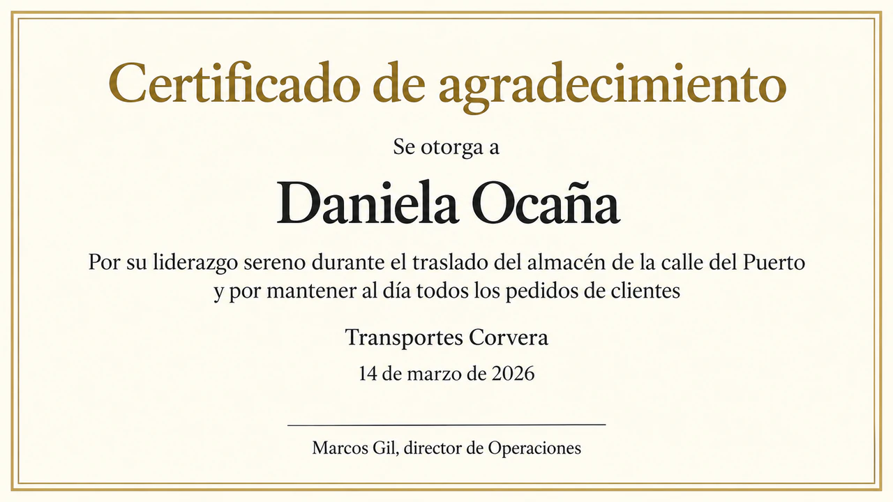 Ejemplo de Certificado de agradecimiento para un empleado