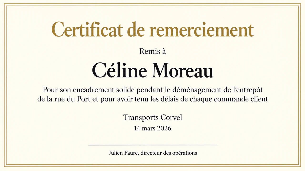 Exemple : Certificat de remerciement pour un salarié