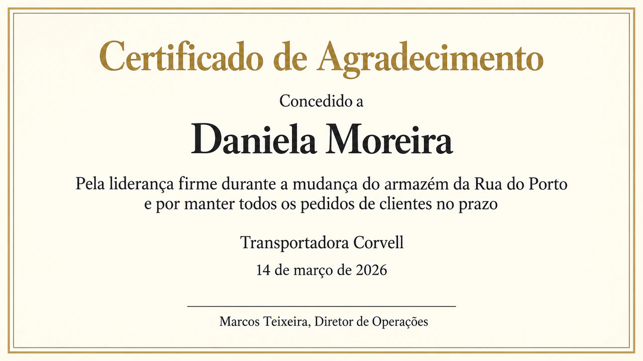 Exemplo de Certificado de agradecimento para um funcionário