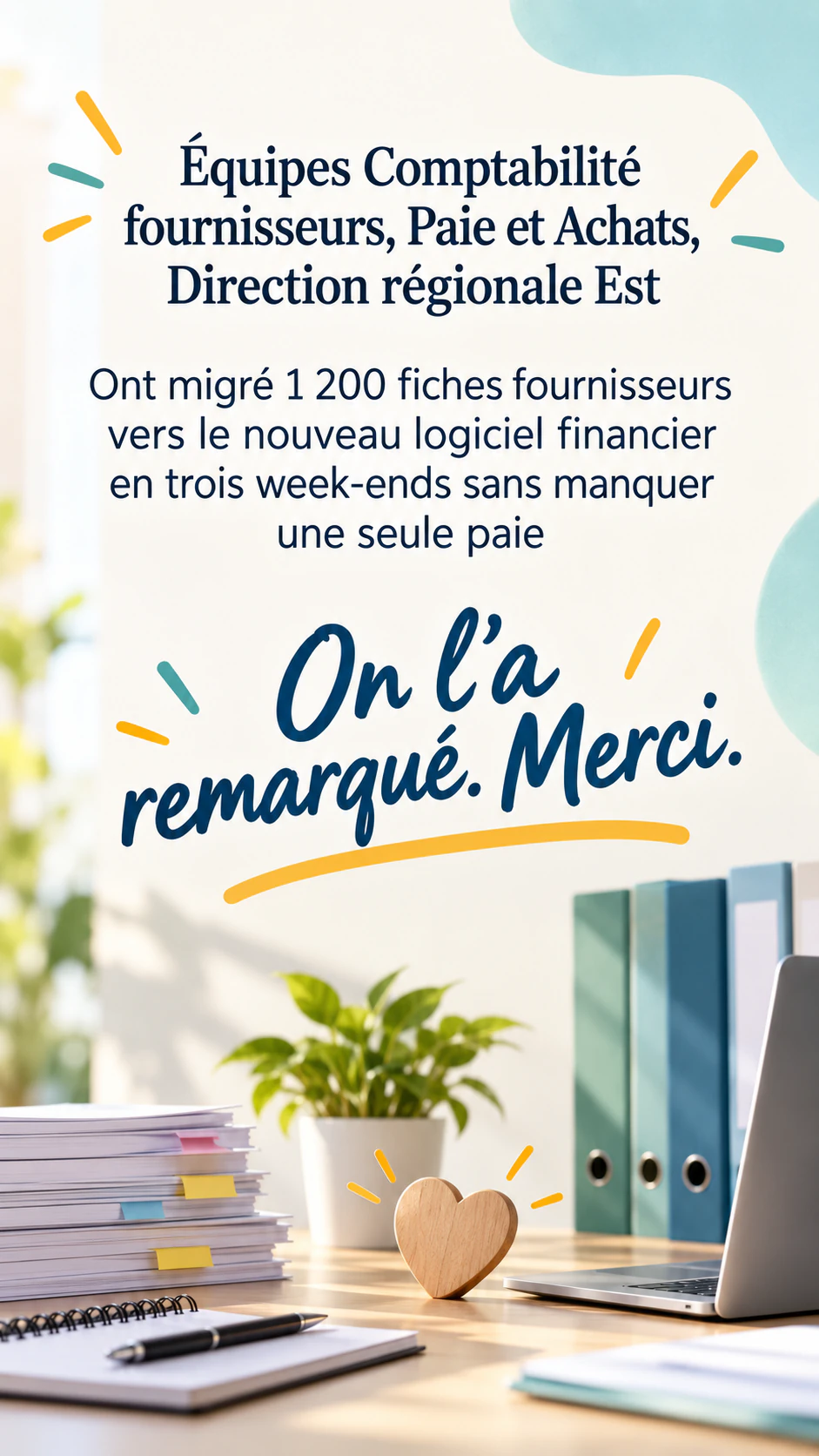 Affiche de remerciement pour la contribution d’une équipe : Trois équipes, des chiffres fournis et aucune signature
