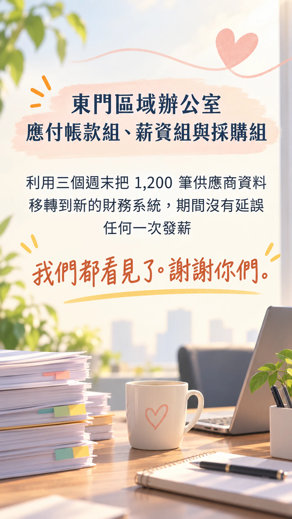 表揚團隊具體貢獻的員工感謝海報：三個團隊、使用者提供的數字，沒有署名