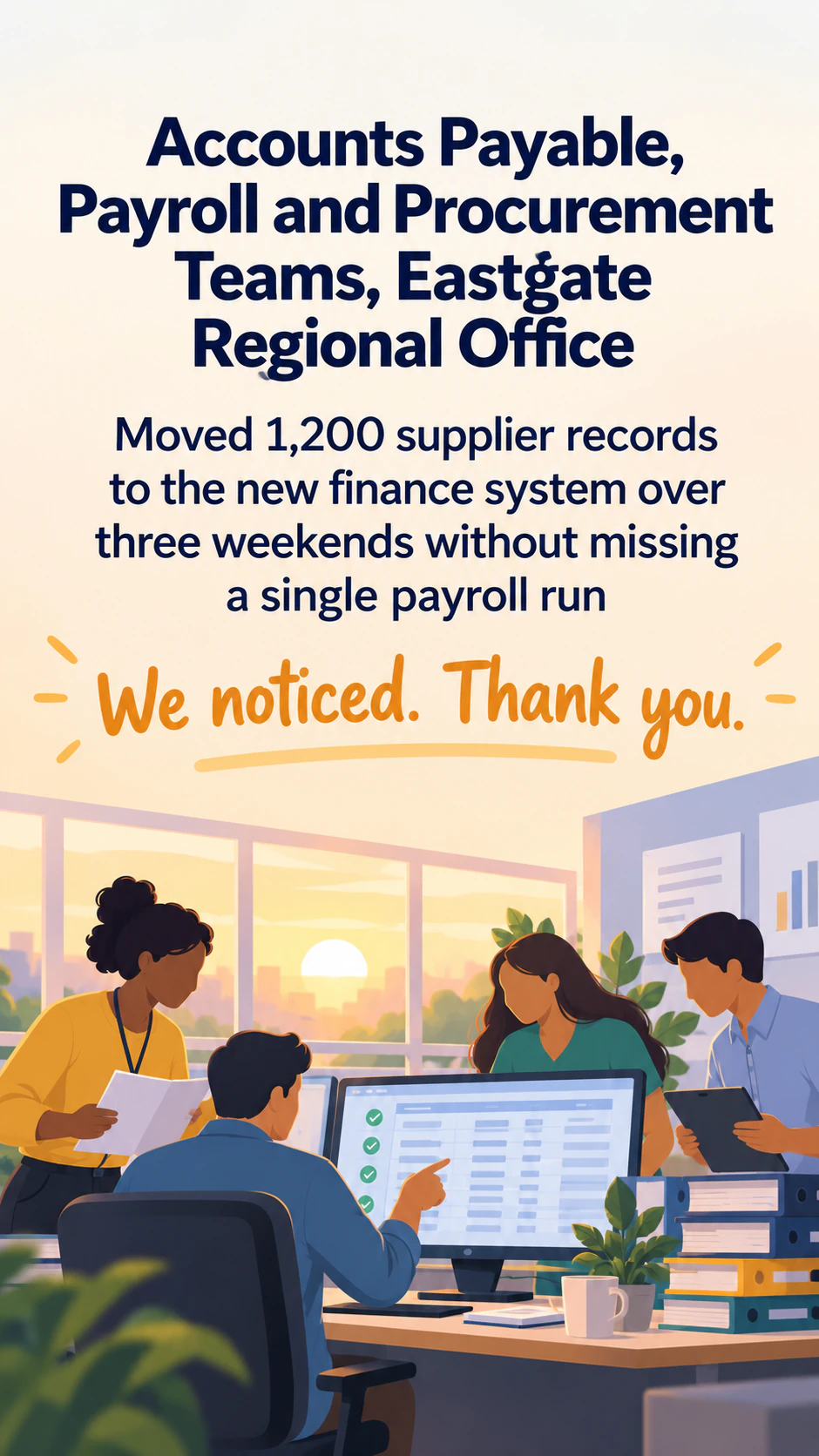 Employee appreciation poster for a team’s contribution: Three teams, supplied figures and no sign-off