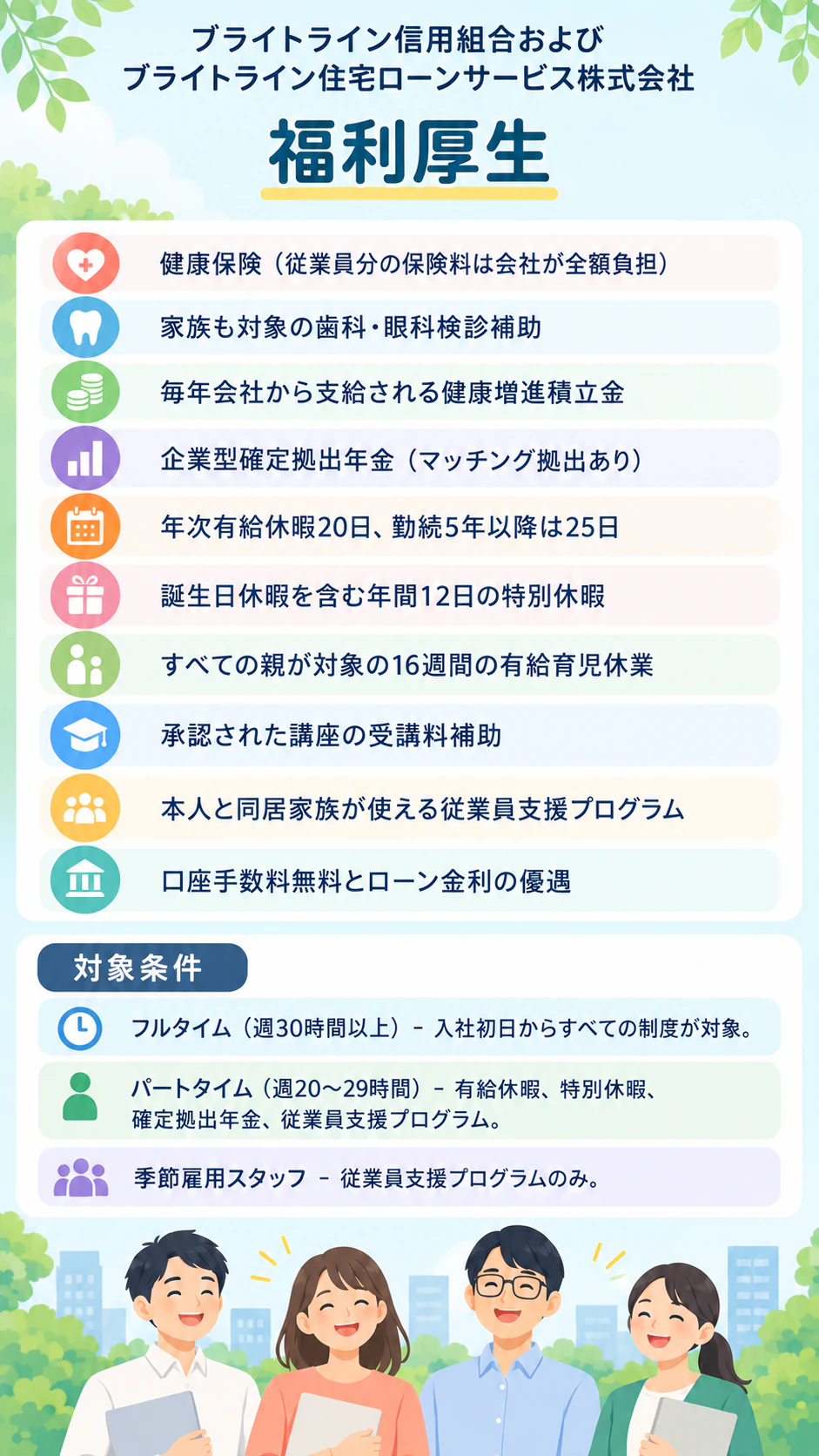 対象者を各制度の横に示す福利厚生チラシ：詳しい福利厚生10項目と段階的な対象条件、問い合わせ先なし