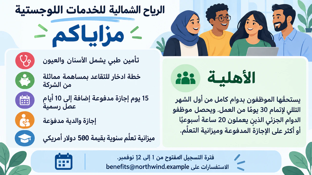 مثال على منشور مزايا الموظفين مع شروط الأهلية بجانب كل ميزة