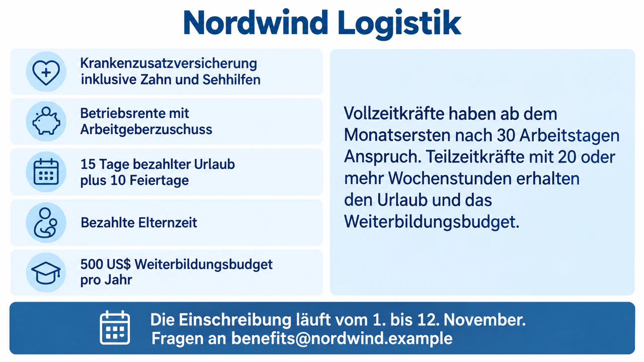 Beispiel: Flyer zu Mitarbeiter-Benefits mit Anspruch direkt neben jeder Leistung