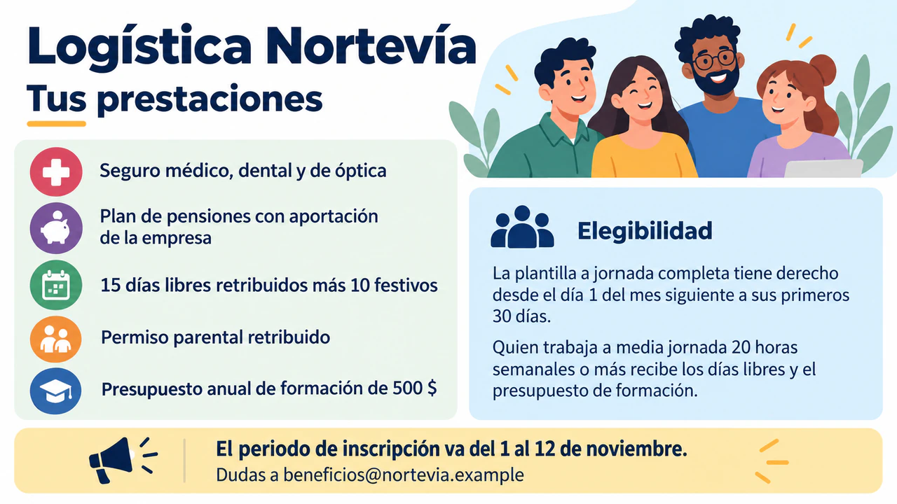 Ejemplo de Flyer de beneficios para empleados con los requisitos junto a cada beneficio
