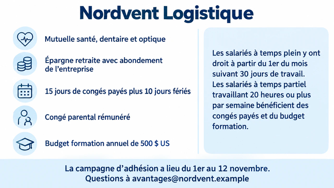 Exemple : Flyer des avantages salariés avec les conditions d’éligibilité à côté de chaque avantage