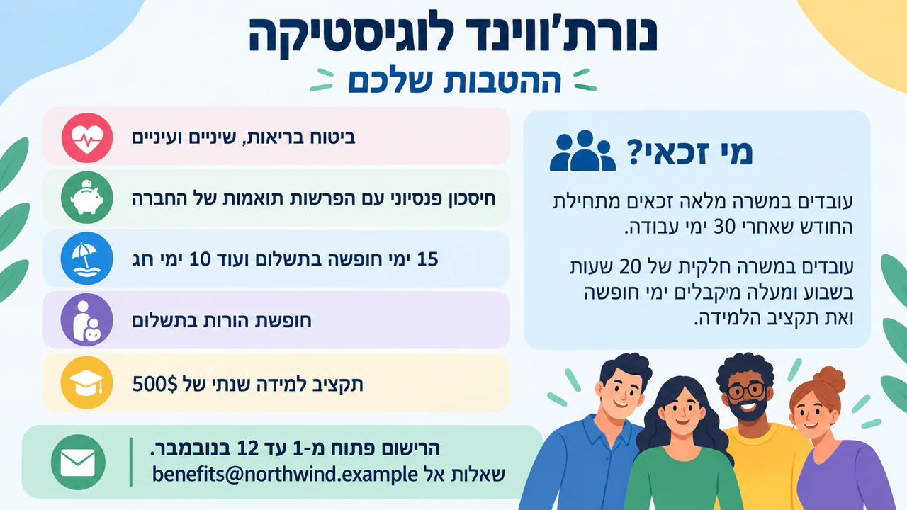 דוגמה: פלייר הטבות לעובדים עם תנאי הזכאות לצד כל הטבה