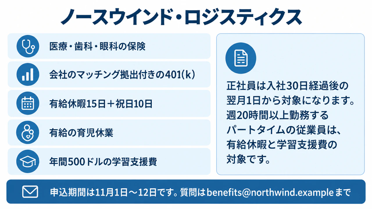 対象者を各制度の横に示す福利厚生チラシの作例
