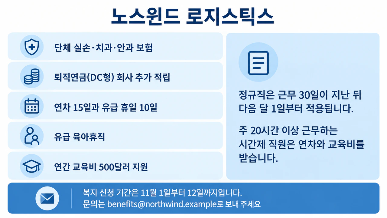 혜택마다 적용 대상을 함께 보여 주는 복리후생 안내 전단지 예시