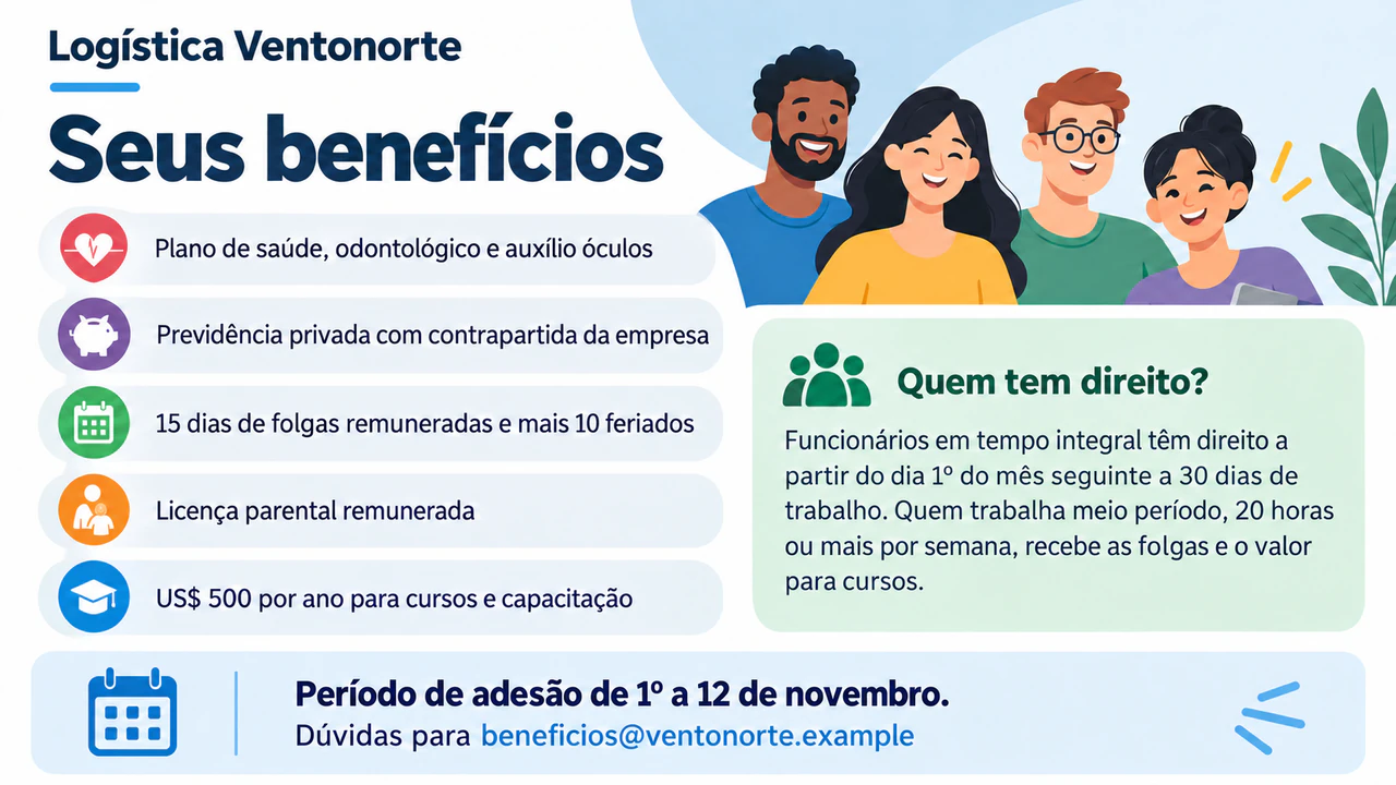 Exemplo de Flyer de benefícios para funcionários com a elegibilidade ao lado de cada benefício