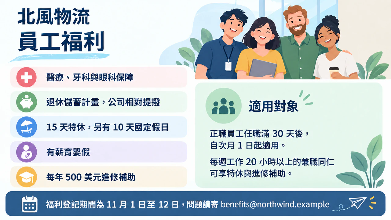 員工福利傳單,每項福利旁都標明適用資格範例