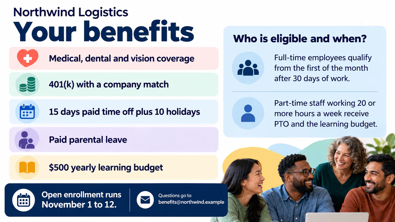 Employee benefits flyer with eligibility shown beside each benefit example