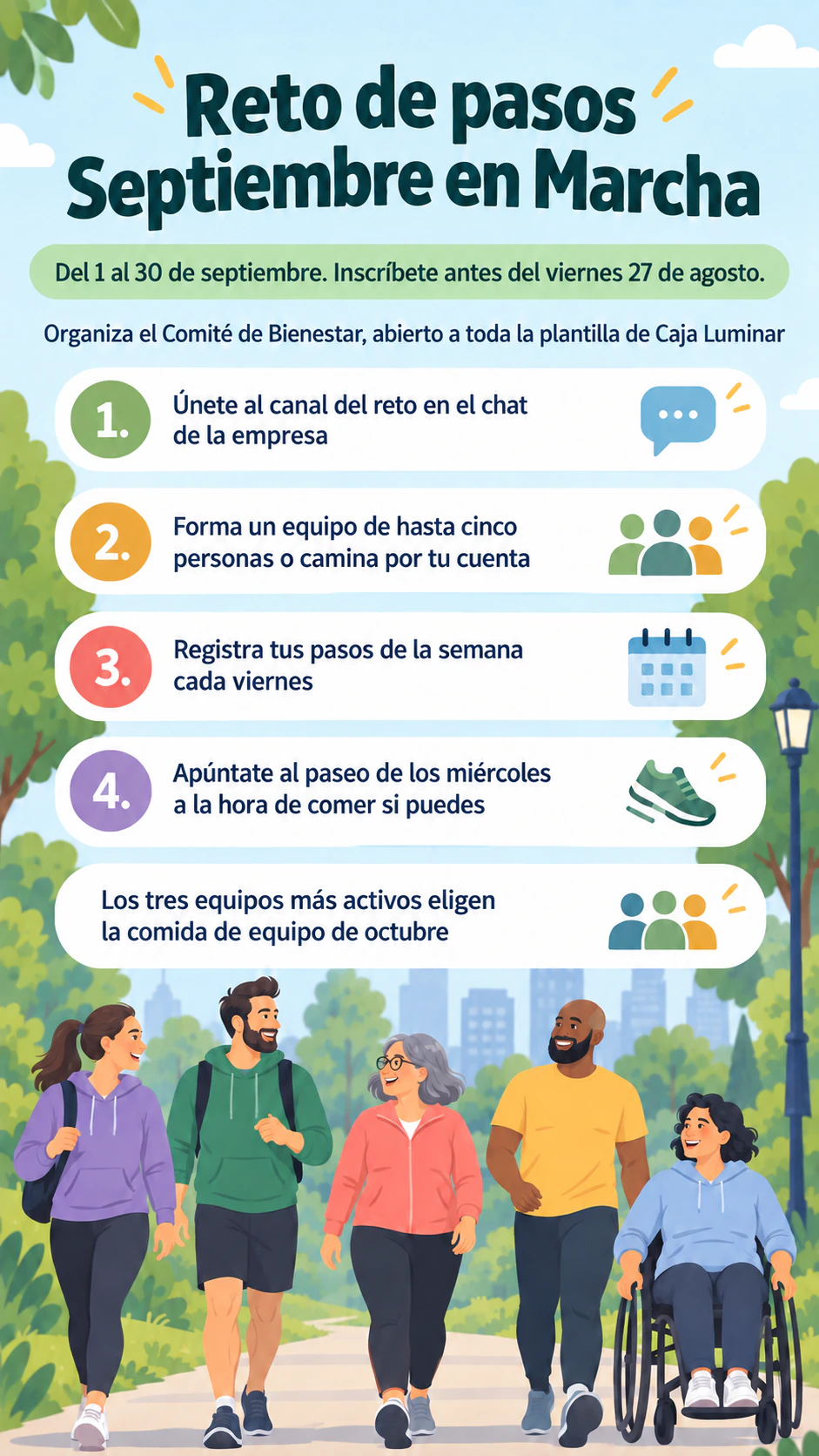 Ejemplo de Flyer de actividades para empleados con pasos claros para participar