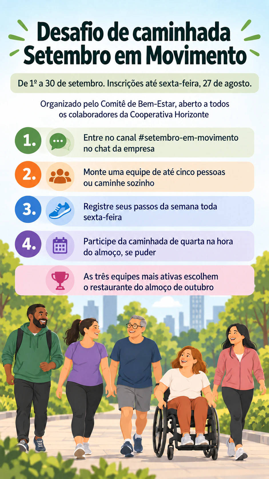 Exemplo de Flyer de engajamento de funcionários com passos claros para participar