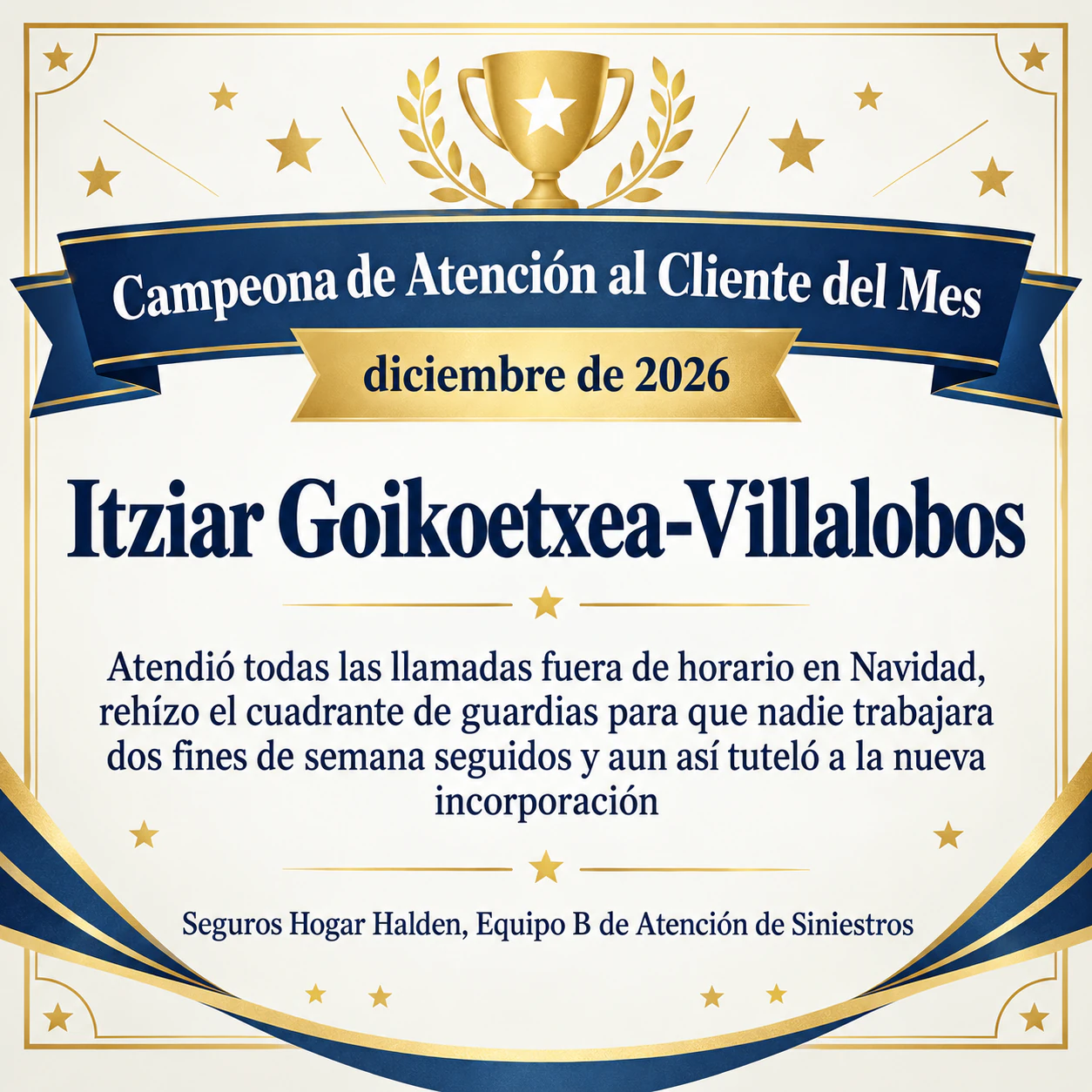 Certificado de empleado del mes: Nombre de premio largo y personalizado con un logro extenso, cuadrado para un canal de chat