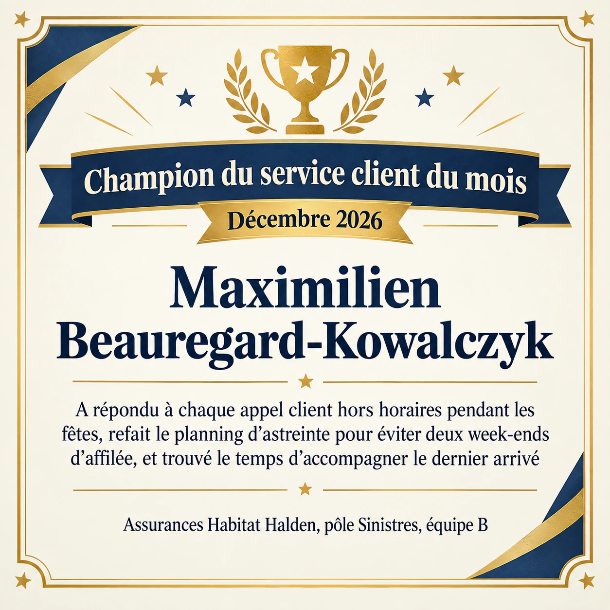 Certificat d’employé du mois : Long titre personnalisé et longue réussite, en carré pour un canal de discussion