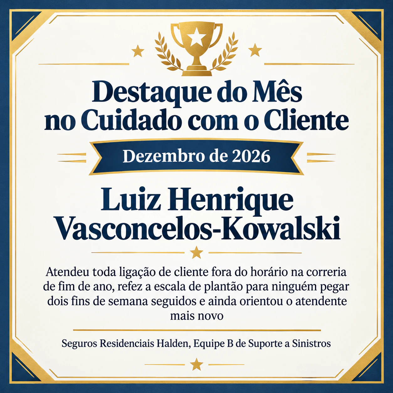 Certificado de funcionário do mês: Nome de prêmio personalizado e longo e uma conquista longa, em quadrado para o chat