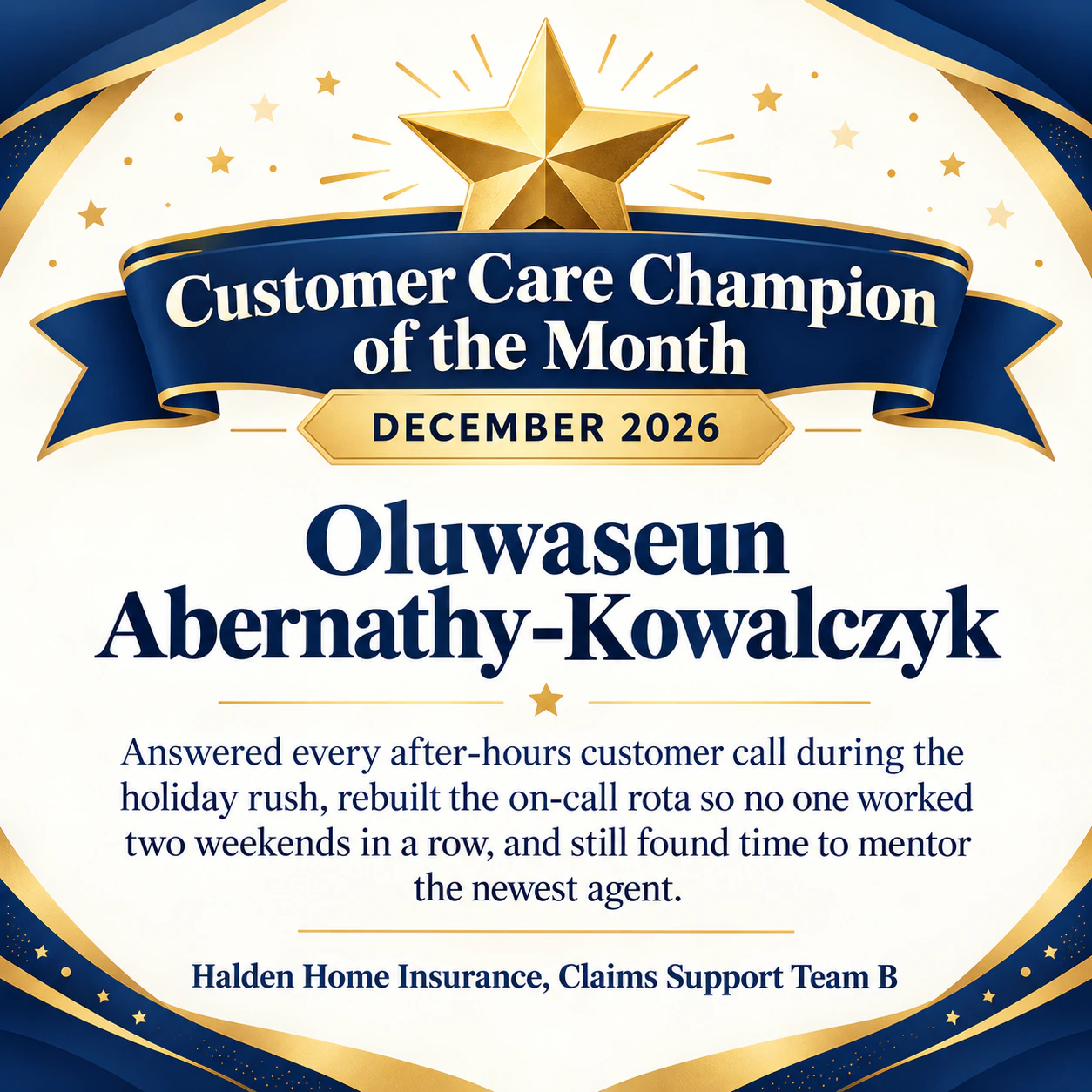 Employee of the month certificate: Long custom award title and a long achievement, square for a chat channel