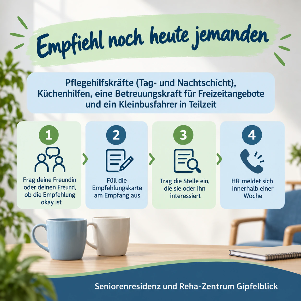 Poster für Mitarbeiterempfehlungen mit klaren Schritten: Keine bestätigte Prämie, vier lange Stellen und vier Schritte