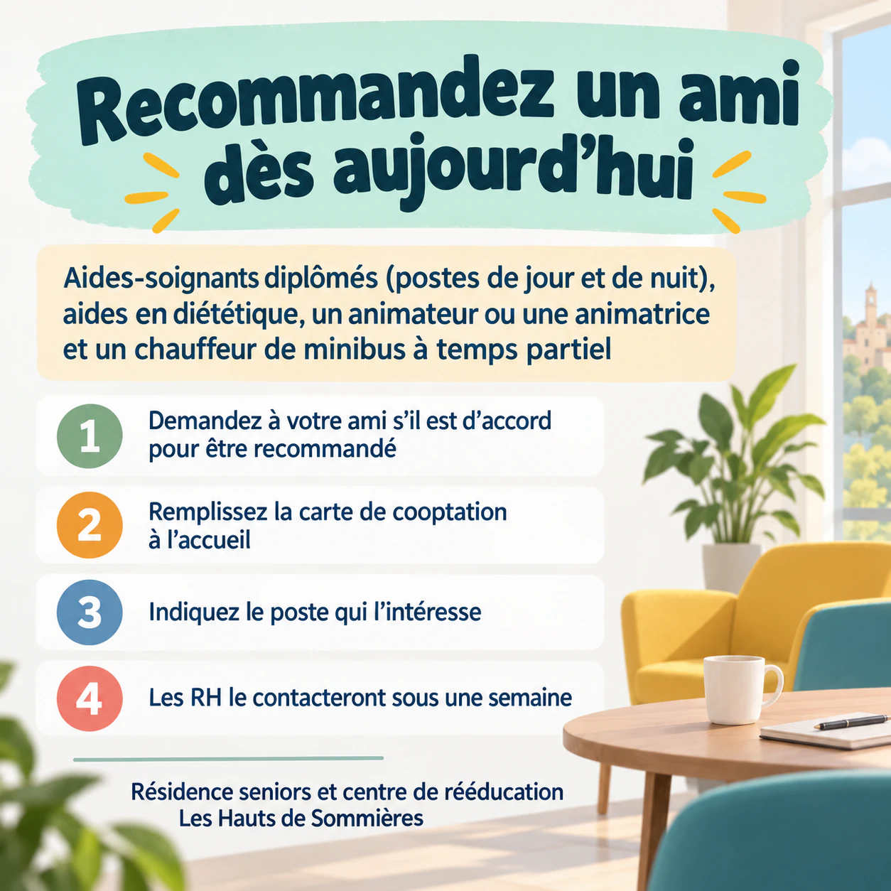 Affiche de cooptation avec vos étapes confirmées : Aucune prime confirmée, quatre longs intitulés de postes et quatre étapes