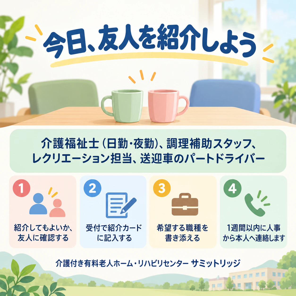 紹介の手順を伝える社員紹介ポスター：紹介報酬なし、長い4つの職種と4つの手順