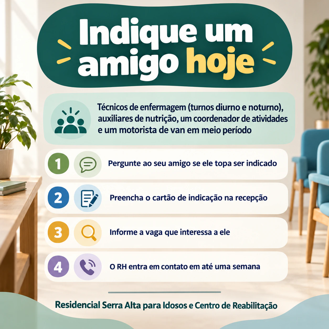 Cartaz de indicação de candidatos pelos funcionários: Sem recompensa confirmada, quatro vagas com nomes longos e quatro passos